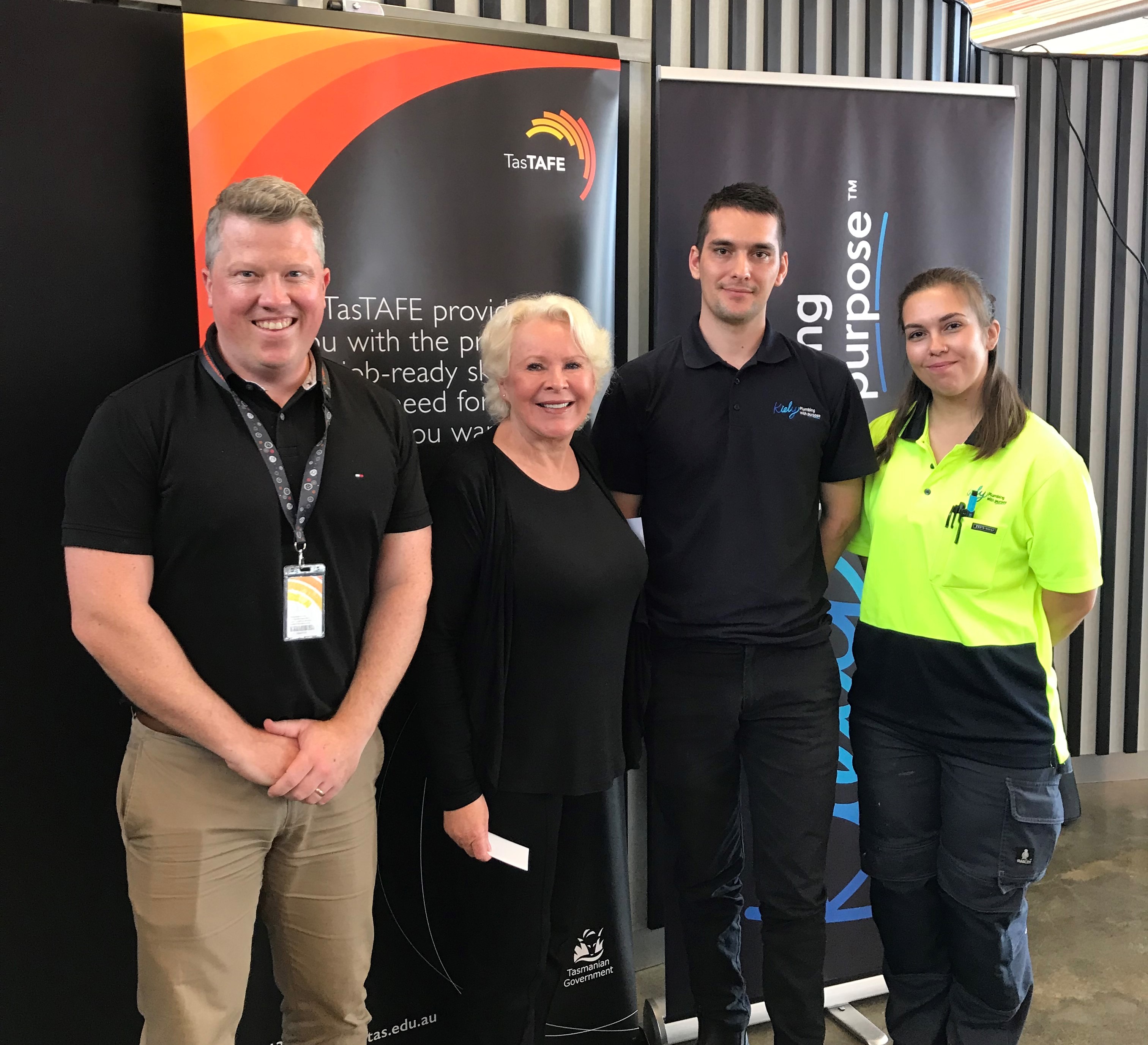 L-R: Matt Dance (TasTAFE), Dr Tanya Paterson (Tradeswomen Australia), Samuel Kiely and Kayla Sermon (Kiely Plumbing). 