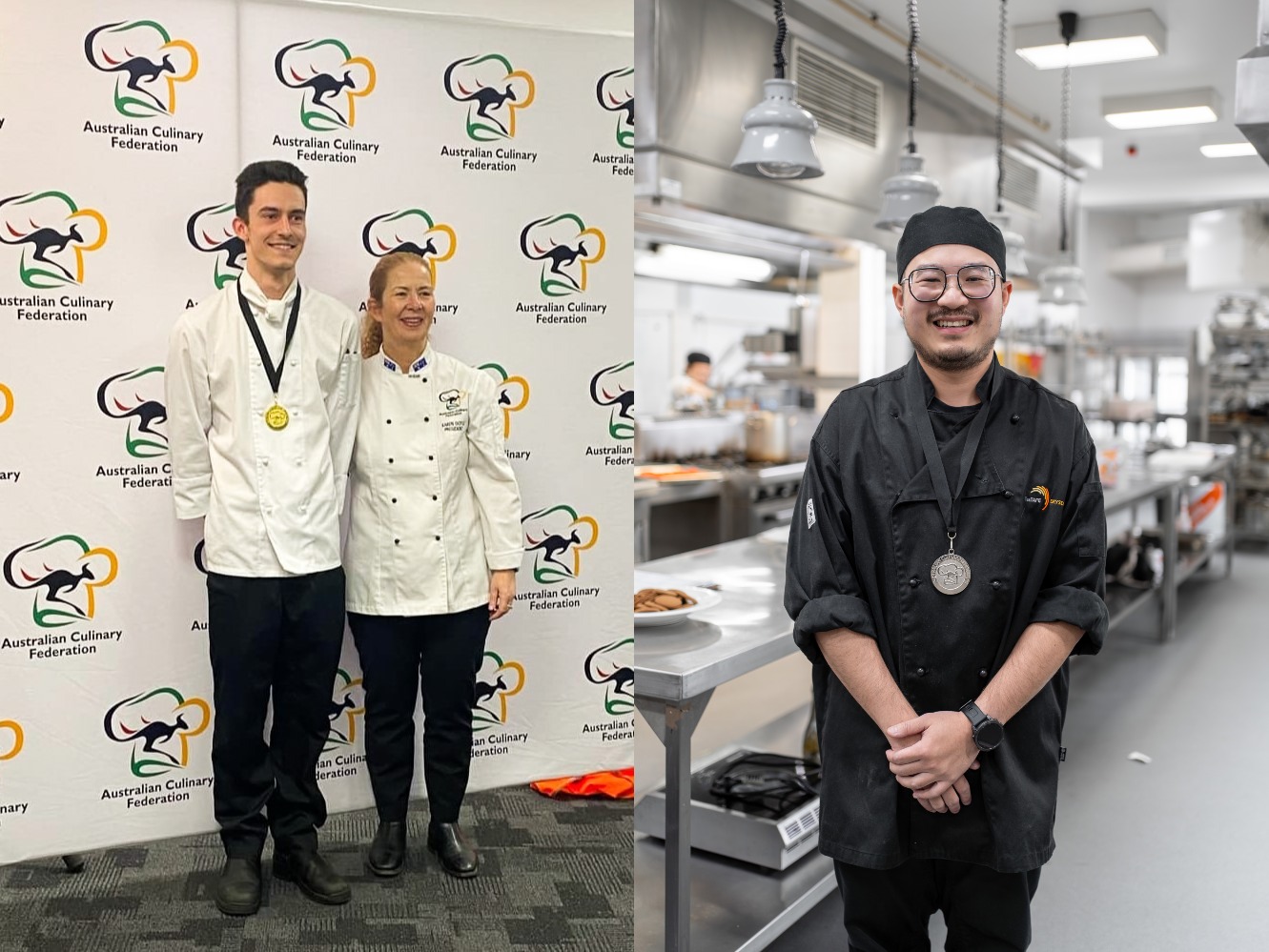 LEFT: Nicholas Rudeforth and ACF President Karen Doyle at Fine Food Australia RIGHT: Jacky Chiang at TasTAFE Drysdale Hobart